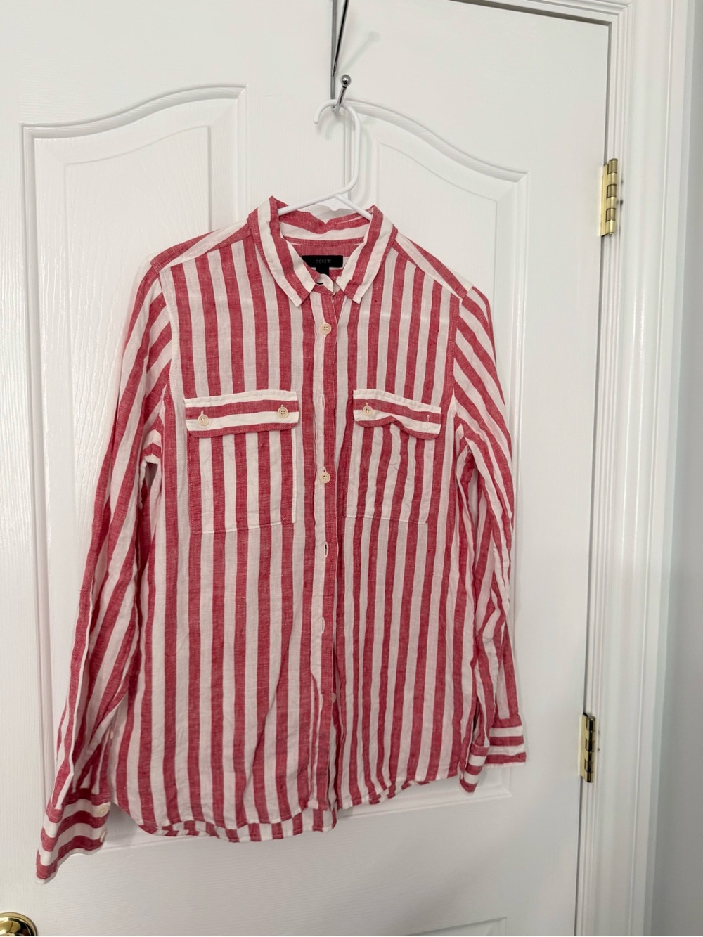 Jcrew women’s linenRed and White Striped Button-Up Shirt
